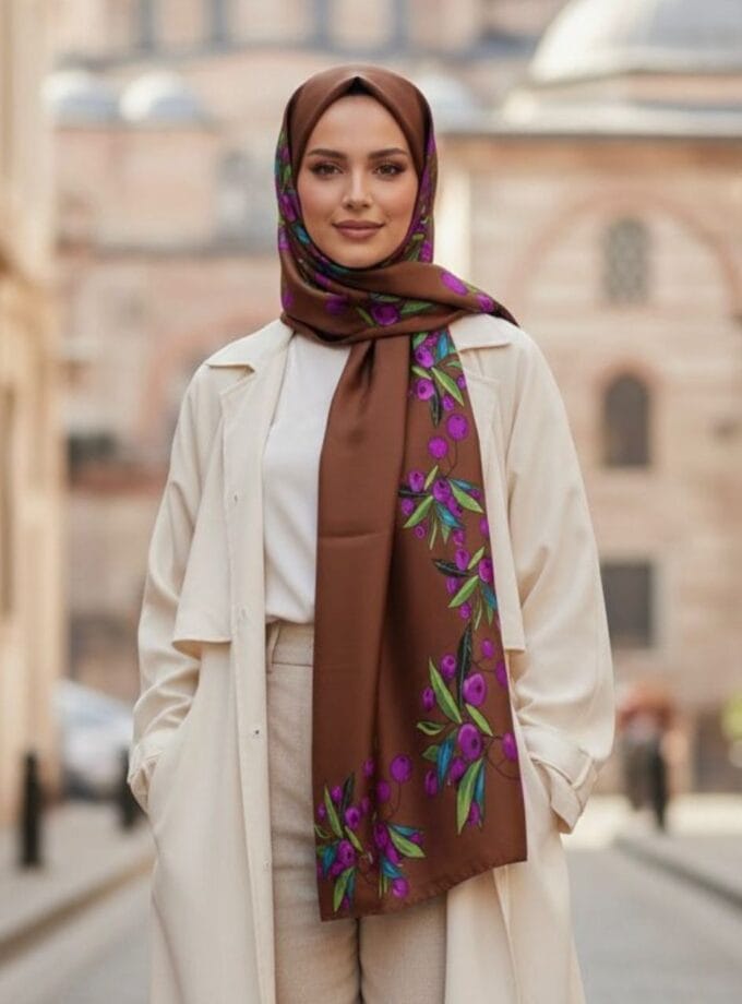 Zeytin Desen Kahverengi Twill İpek Şal